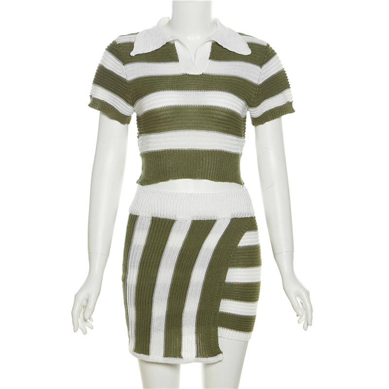 acelimosf™-Irregular turnover collar short sleeve striped knitted mini skirt set