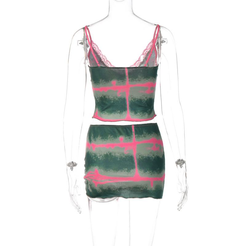 acelimosf™-Tie dye v neck lace hem ruched cami mini skirt set