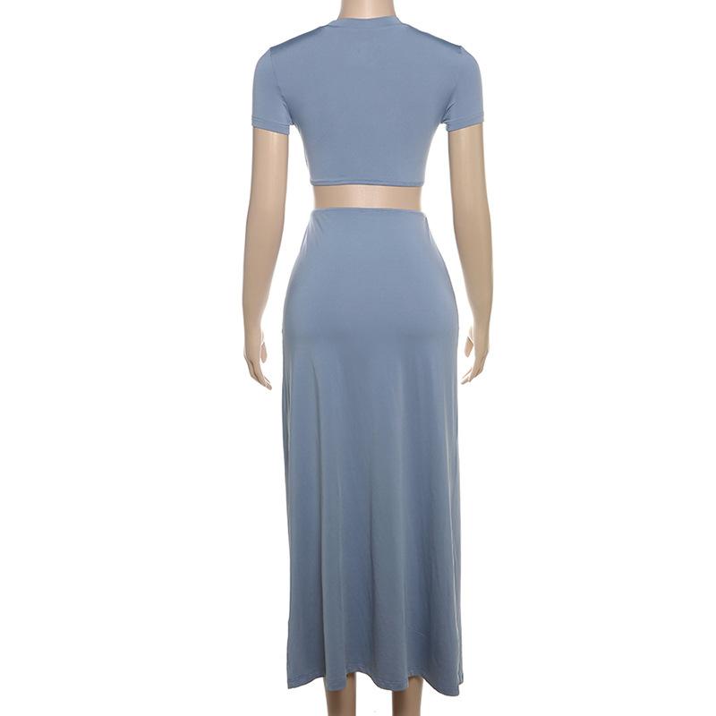 acelimosf™-Crewneck short sleeve hollow out ruched maxi skirt set