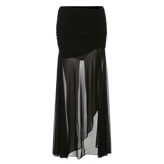 acelimosf™-Mesh ruffle ruched slit solid maxi skirt