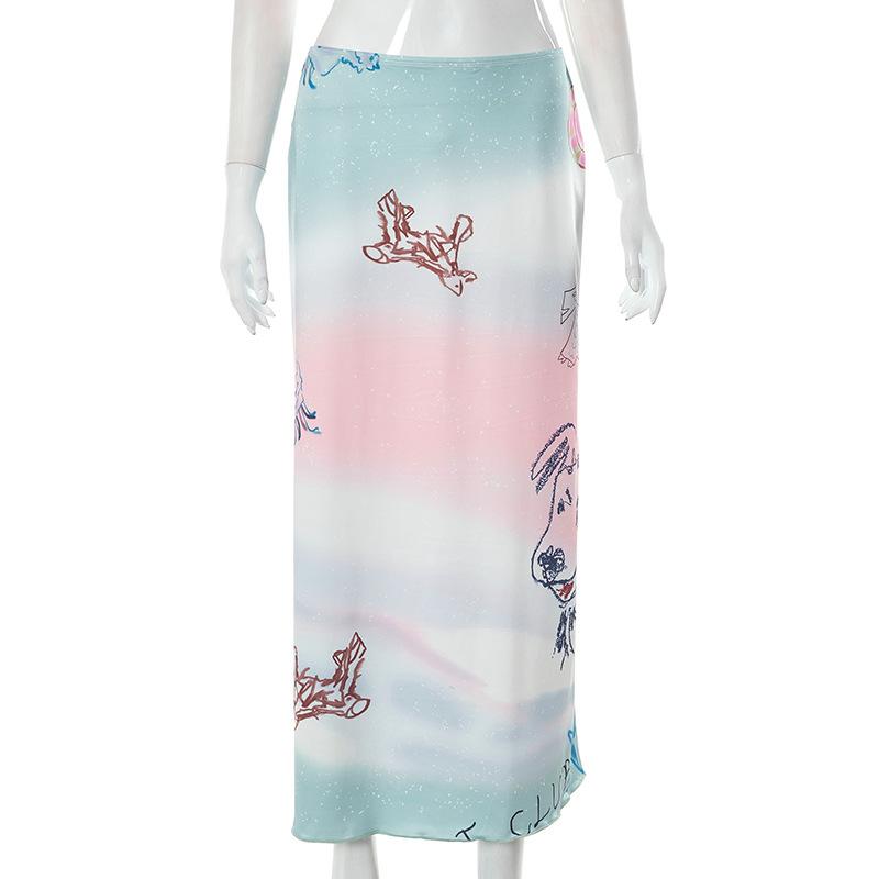 acelimosf™-Dog pattern low rise tie dye contrast maxi skirt