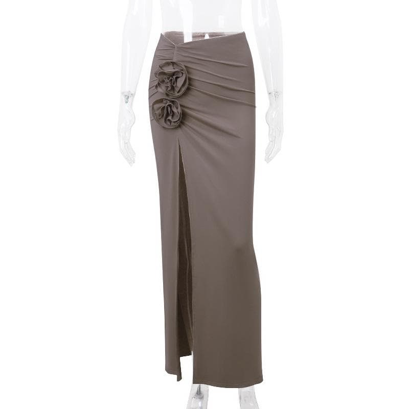 acelimosf™-Ruched high slit flower applique irregular solid maxi skirt