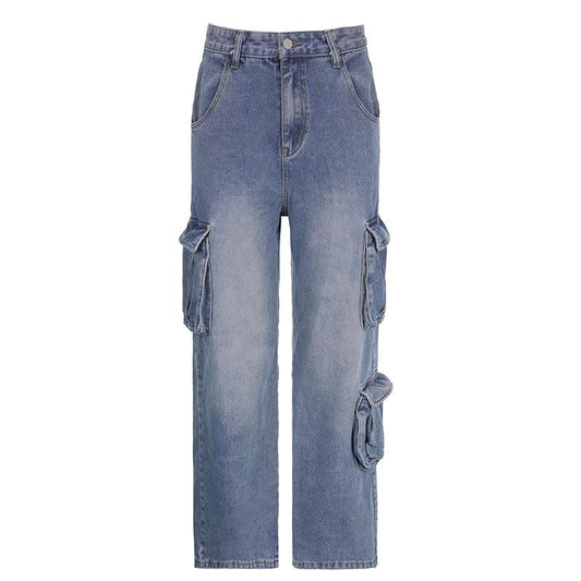 acelimosf™-Cargo pocket button high rise straight leg jeans grunge 90s Streetwear Disheveled Chic Fashion grunge 90s Streetwear Distressed Fashion