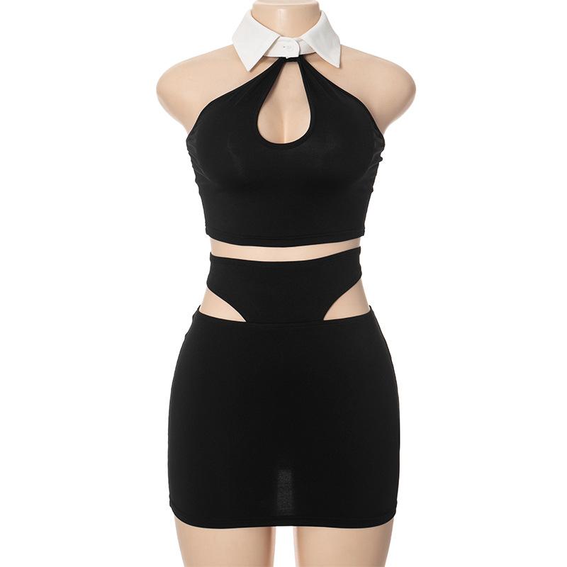 acelimosf™-Halter turnover collar hollow out mini skirt set