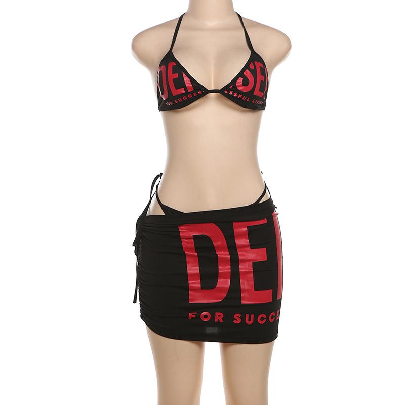 acelimosf™-Letter print halter self tie ruched drawstring mini skirt set