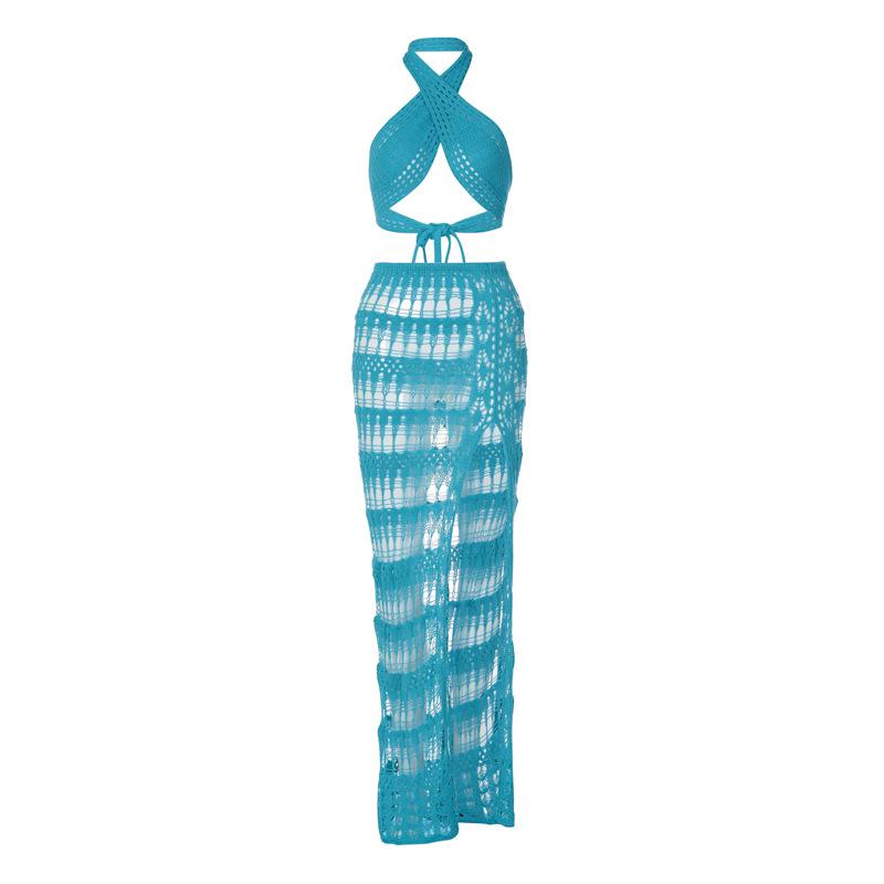 acelimosf™-Crochet cross front hollow out backless halter slit maxi skirt set