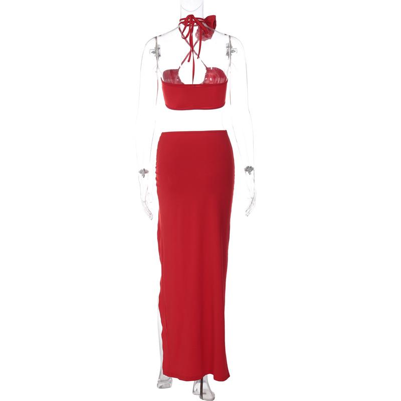 acelimosf™-Cross front halter flower applique slit knotted maxi skirt set