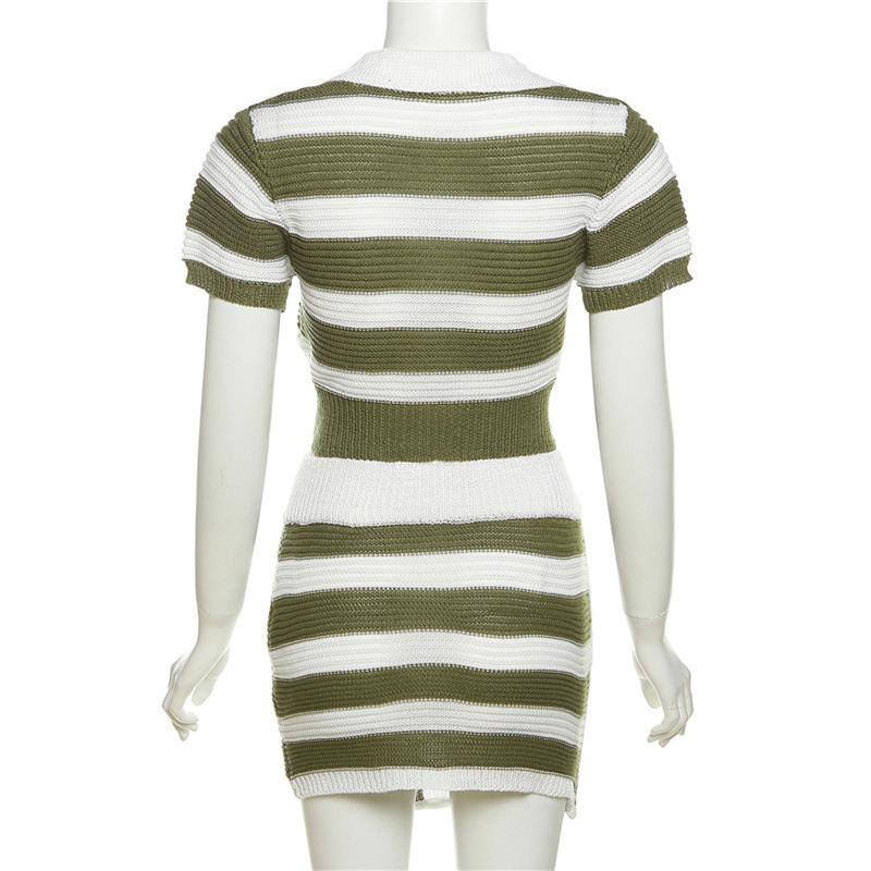 acelimosf™-Irregular turnover collar short sleeve striped knitted mini skirt set