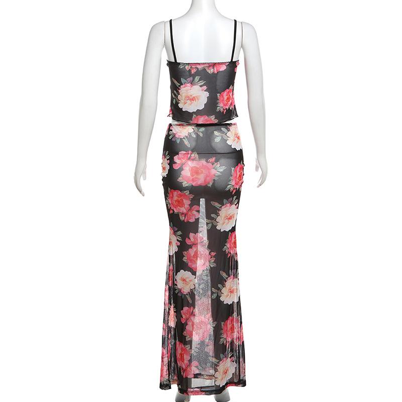 acelimosf™-Sheer mesh flower print ruffle v neck cami skirt set