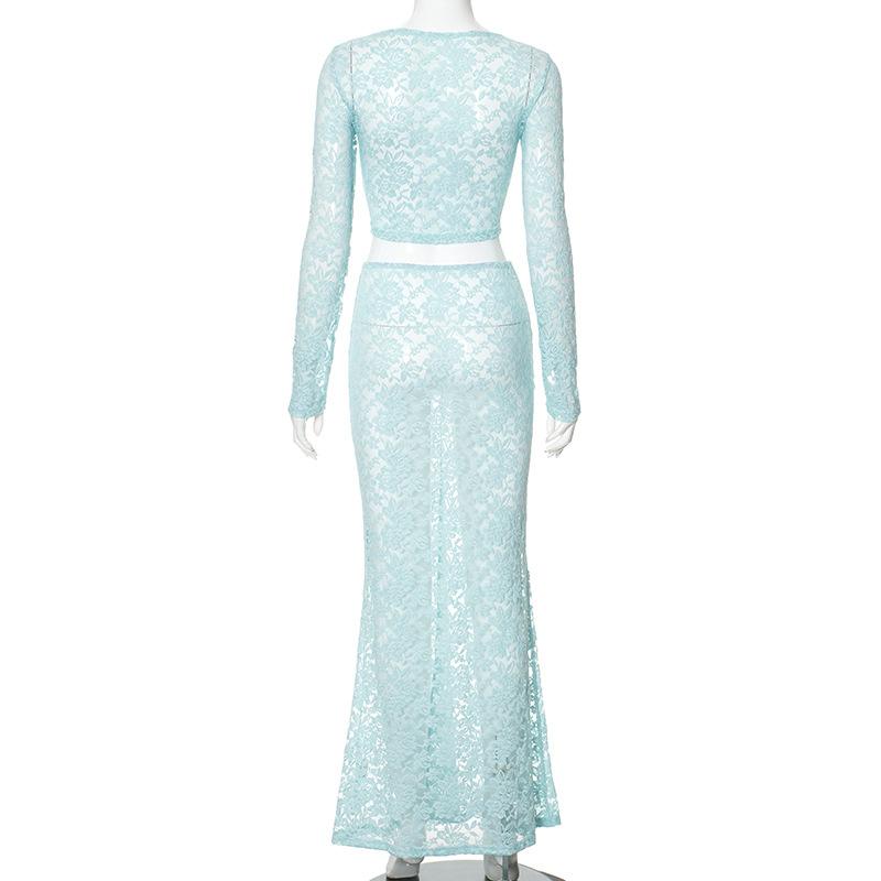 acelimosf™-Long sleeve lace see through crop maxi skirt set