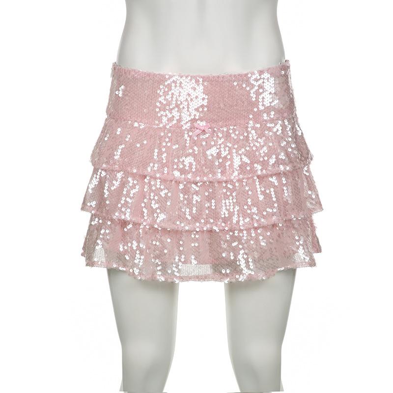 acelimosf™-A line glitter bowknot ruched mini skirt