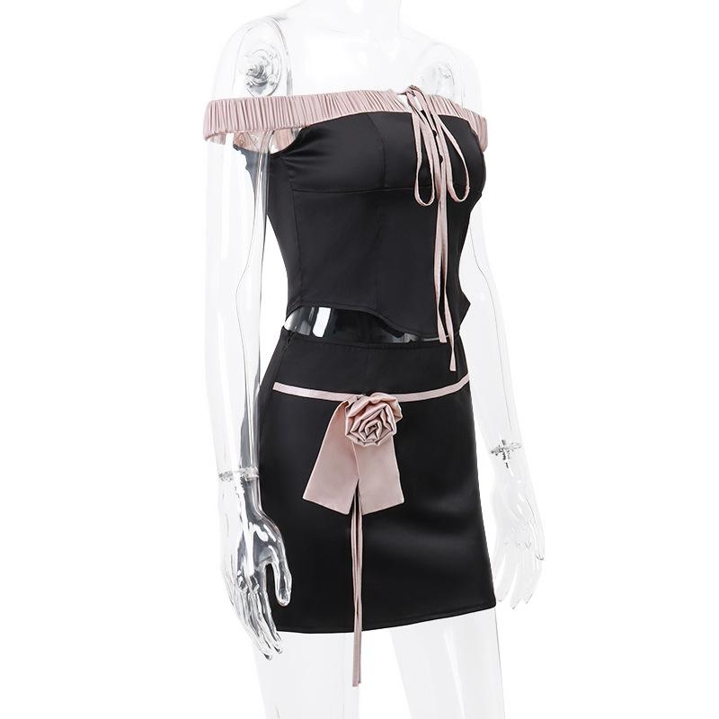 acelimosf™-Off shoulder self tie flower applique zip-up button mini skirt set