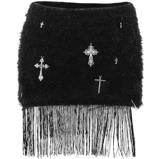 acelimosf™-Tassels cross applique fluffy mini skirt goth Emo Darkwave Fashion