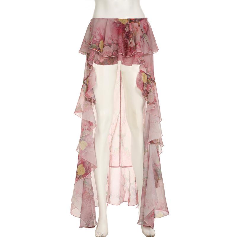 acelimosf™-Chiffon flower print ruffle maxi skirt