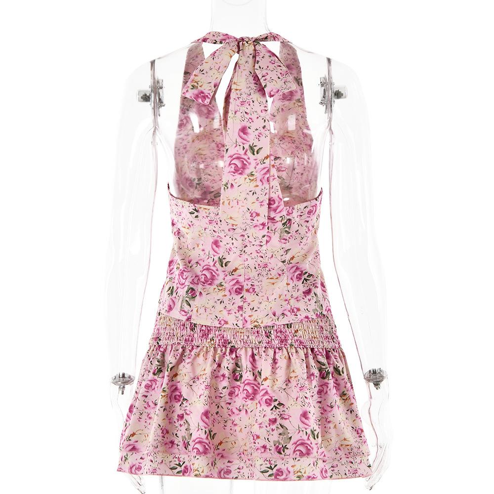 acelimosf™-Halter smocked button flower print mini skirt set