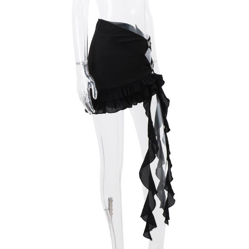 acelimosf™-Irregular hollow out ribbon butterfly applique solid ruffle mini skirt goth Emo Darkwave Fashion