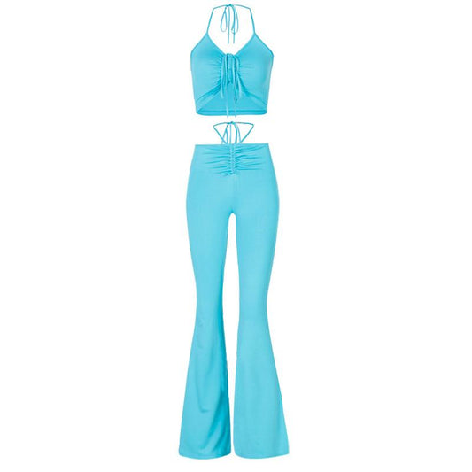 acelimosf™-Self tie halter drawstring ruched backless solid flared pant set