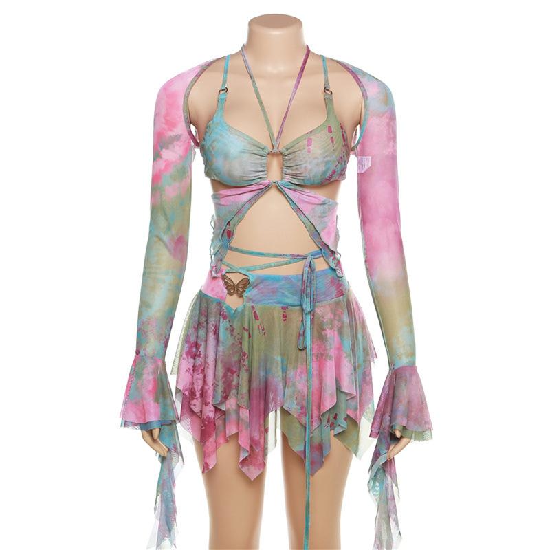 acelimosf™-Flared sleeve tie dye o ring self tie halter low cut mini skirt set