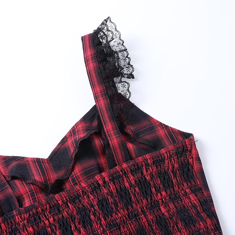 acelimosf™-Lace hem ruffle lace up plaid smocked backless mini skirt set