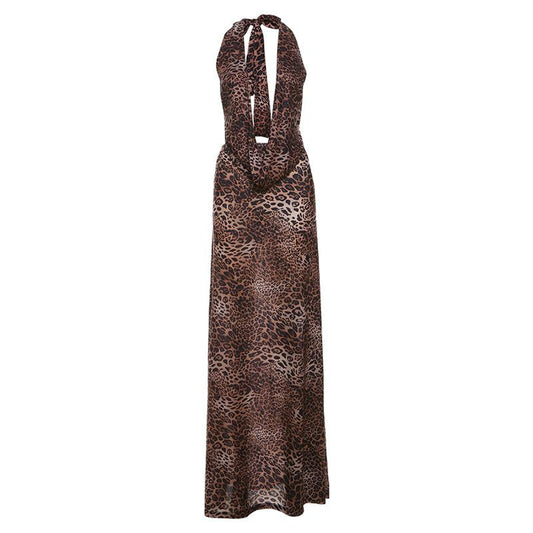 acelimosf™-Halter deep v neck leopard print maxi skirt set