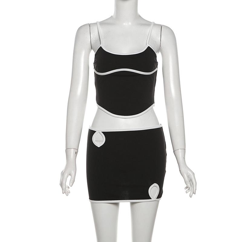 acelimosf™-U neck stitch hollow out cami mini skirt set