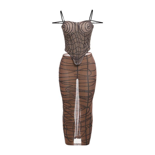 acelimosf™-Sheer mesh striped print self tie cami mini skirt set