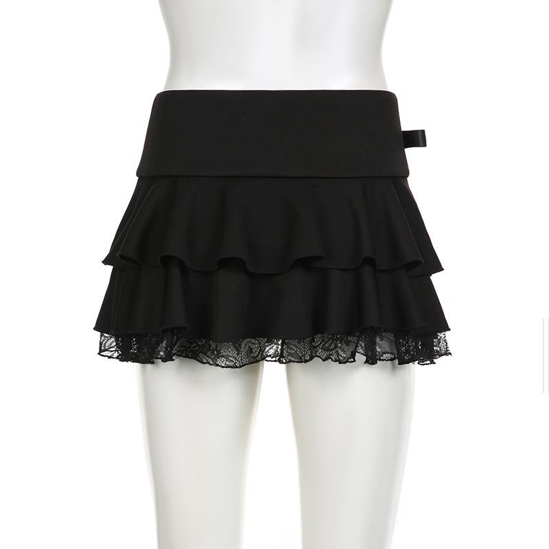 acelimosf™-Bowknot solid ruffle lace hem low rise mini skirt