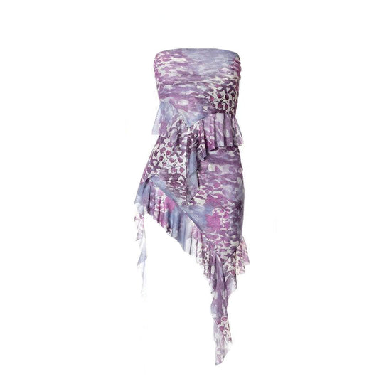 acelimosf™-Pleated ruffle irregular contrast print tube skirt set fairycore Ethereal Fashion