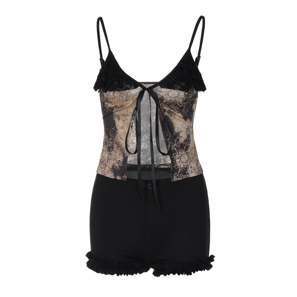 acelimosf™-V neck lace hem print self tie cami pant set