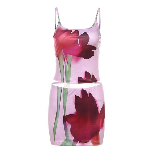 acelimosf™-U neck flower print cami mini skirt set