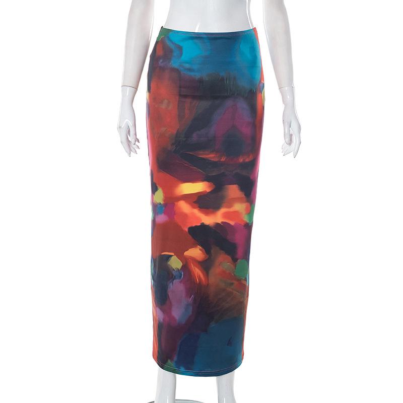 acelimosf™-Abstract print low rise contrast maxi skirt y2k 90s Revival Techno Fashion