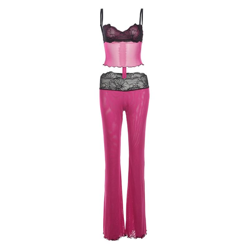 acelimosf™-Lace mesh ruffle sweetheart neck cami pant set