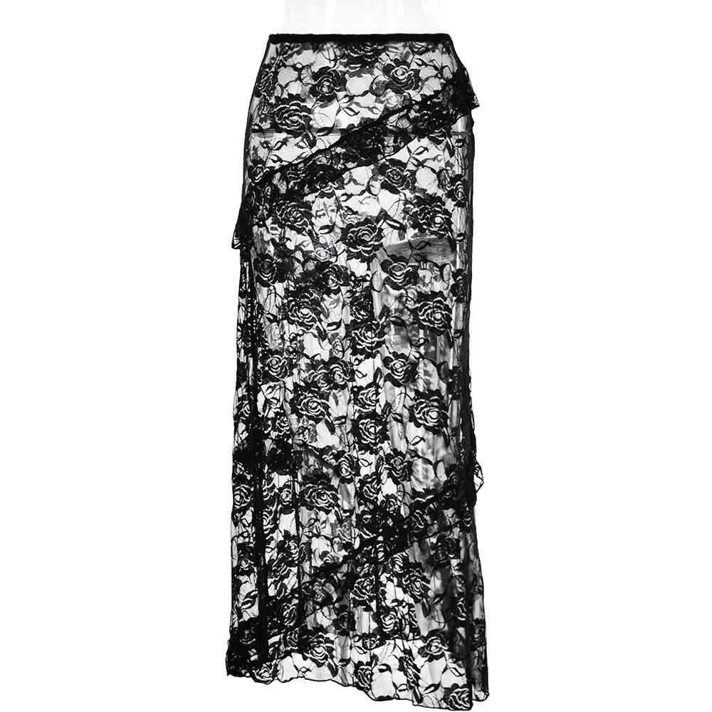 acelimosf™-Lace irregular ruffle see through solid low rise maxi skirt grunge 90s Streetwear Disheveled Chic Fashion grunge 90s Streetwear Distressed Fashion