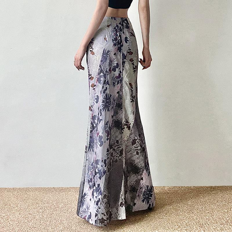 acelimosf™-Flower print contrast maxi skirt