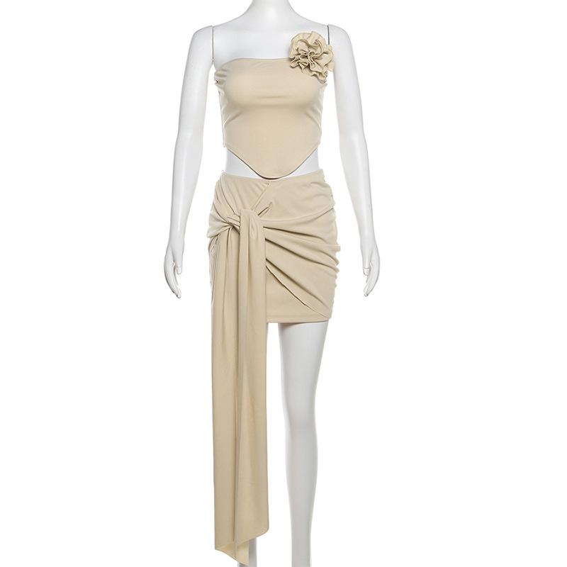 acelimosf™-Ruched knotted flower applique tube mini skirt set