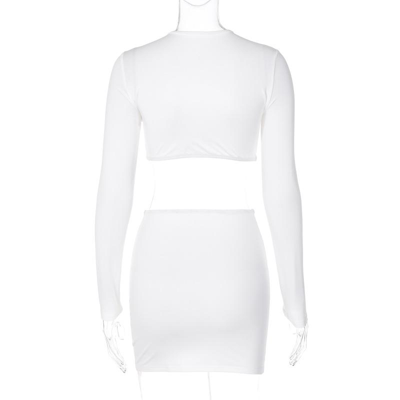 acelimosf™-Knotted hollow out solid ruched long sleeve mini skirt set