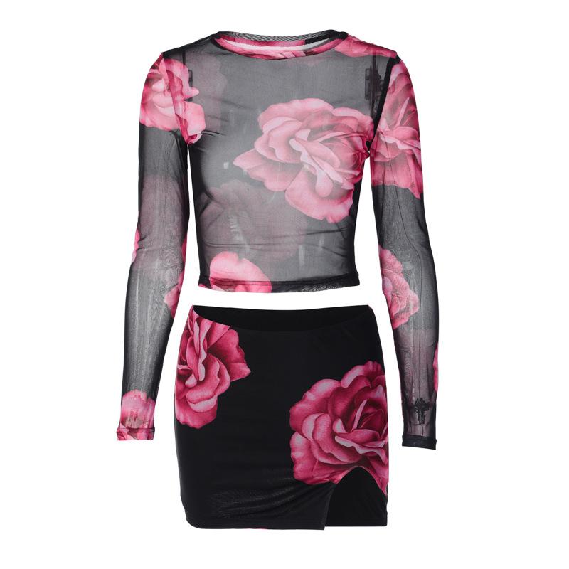 acelimosf™-Mesh see through flower print long sleeve slit mini skirt set