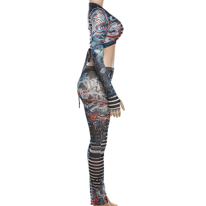 acelimosf™-Long sleeve striped dragon print sheer mesh pant set