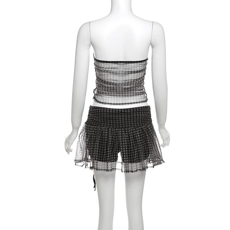 acelimosf™-Rose applique plaid mesh ruched tube mini skirt set