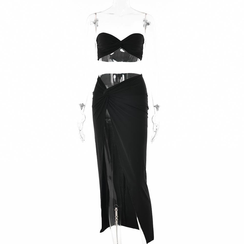 acelimosf™-Slit knotted solid sweetheart neck tube midi skirt set