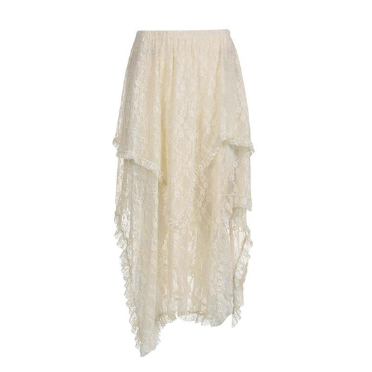 acelimosf™-Irregular lace ruffle solid midi skirt y2k 90s Revival Techno Fashion