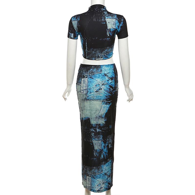 acelimosf™-Short sleeve high neck contrast print maxi skirt set cyberpunk Sci-Fi Fashion