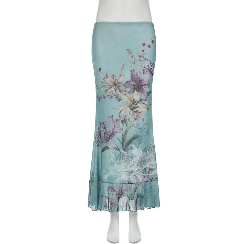 acelimosf™-Ruched ruffle cowl neck  flower print mesh maxi skirt set