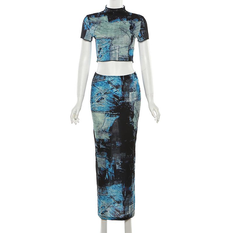 acelimosf™-Short sleeve high neck contrast print maxi skirt set cyberpunk Sci-Fi Fashion