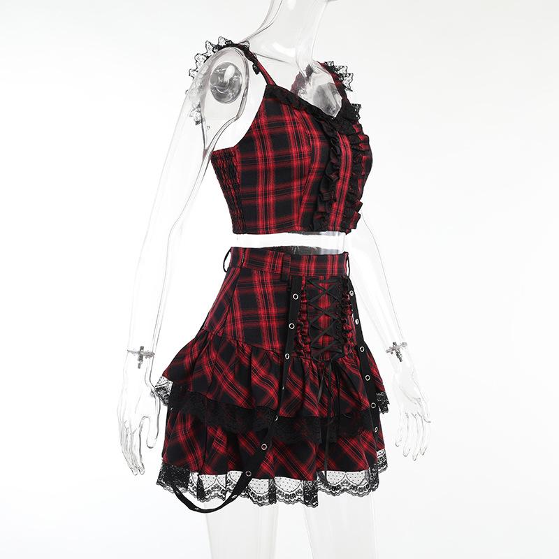 acelimosf™-Lace hem ruffle lace up plaid smocked backless mini skirt set