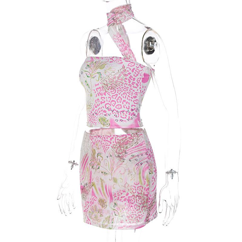 acelimosf™-Halter contrast leopard print ribbon mini skirt set fairycore Ethereal Fashion