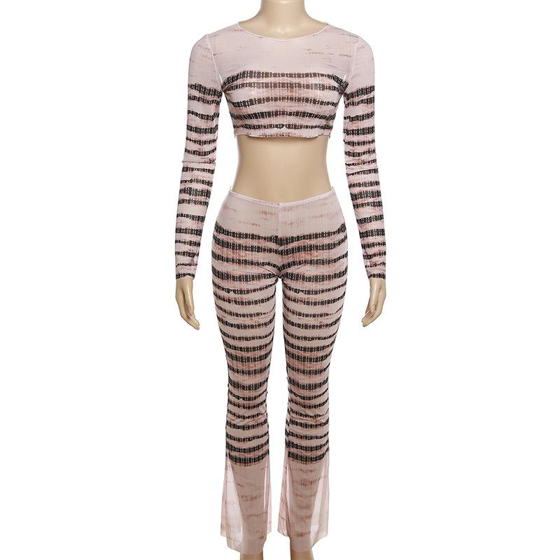 acelimosf™-Sheer mesh striped see through long sleeve contrast pant set