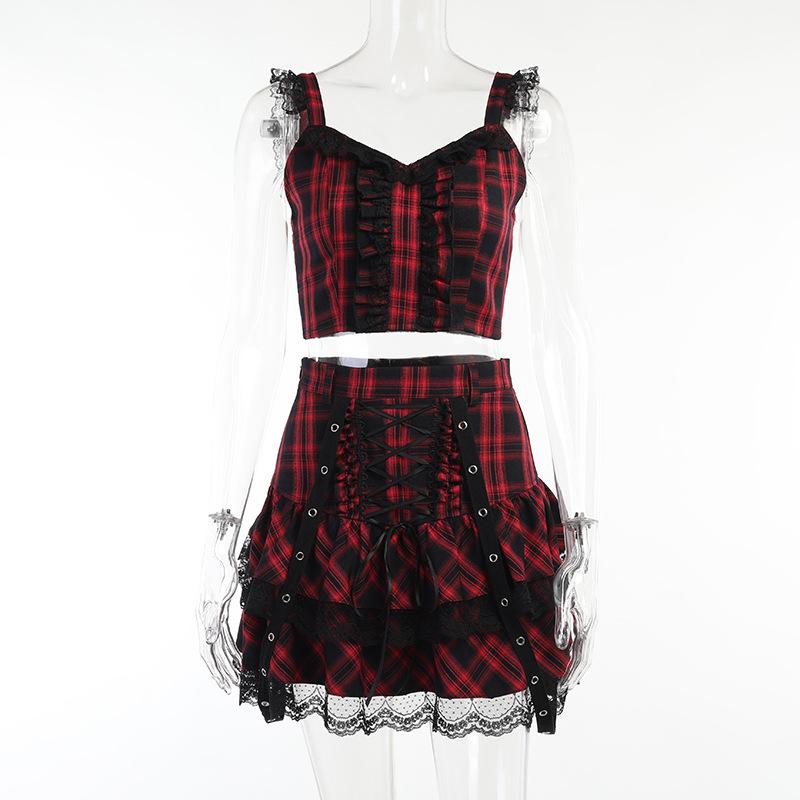 acelimosf™-Lace hem ruffle lace up plaid smocked backless mini skirt set