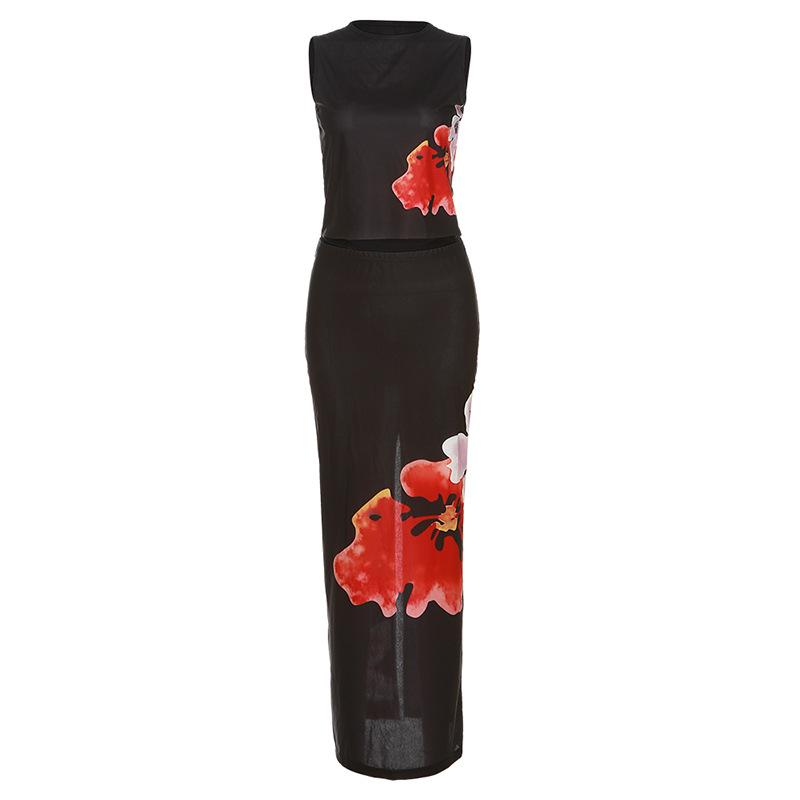 acelimosf™-Sheer mesh see through slit flower pattern contrast sleeveless midi skirt set