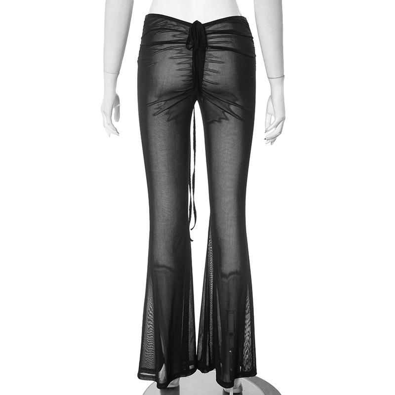 acelimosf™-Ruched self tie low rise sheer mesh see through flared pant